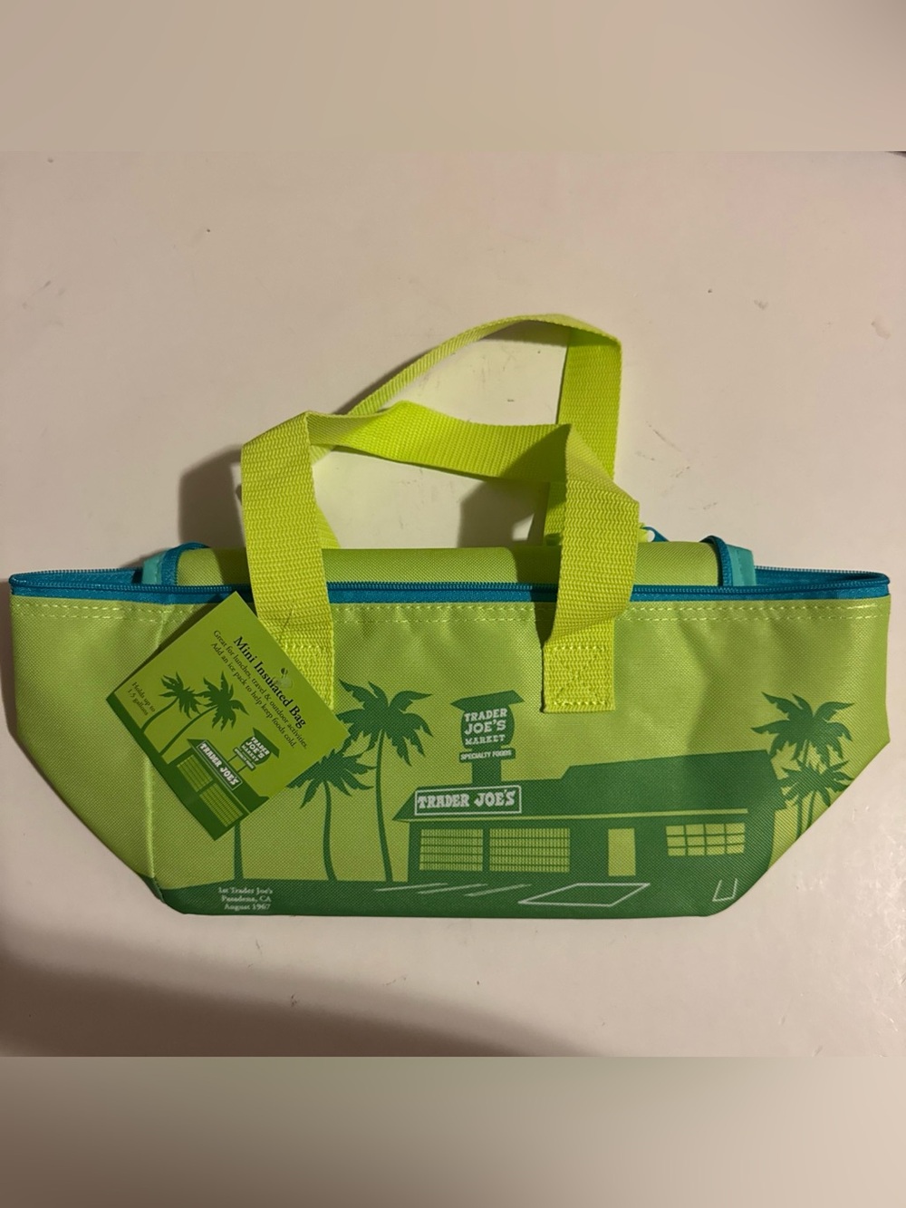 Trader Joe's Mini Insulated Lunch Bag Green Blue 1.5 Gallon Cooler Tote NWT